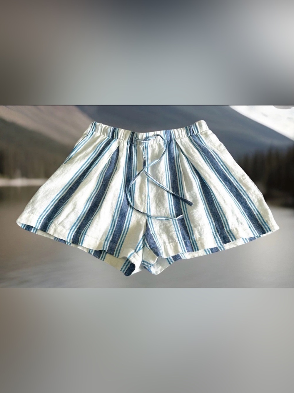 TROVATA Birds Of Paradis Blue White Stripe Pleat Everett Linen Shorts Women Sz M